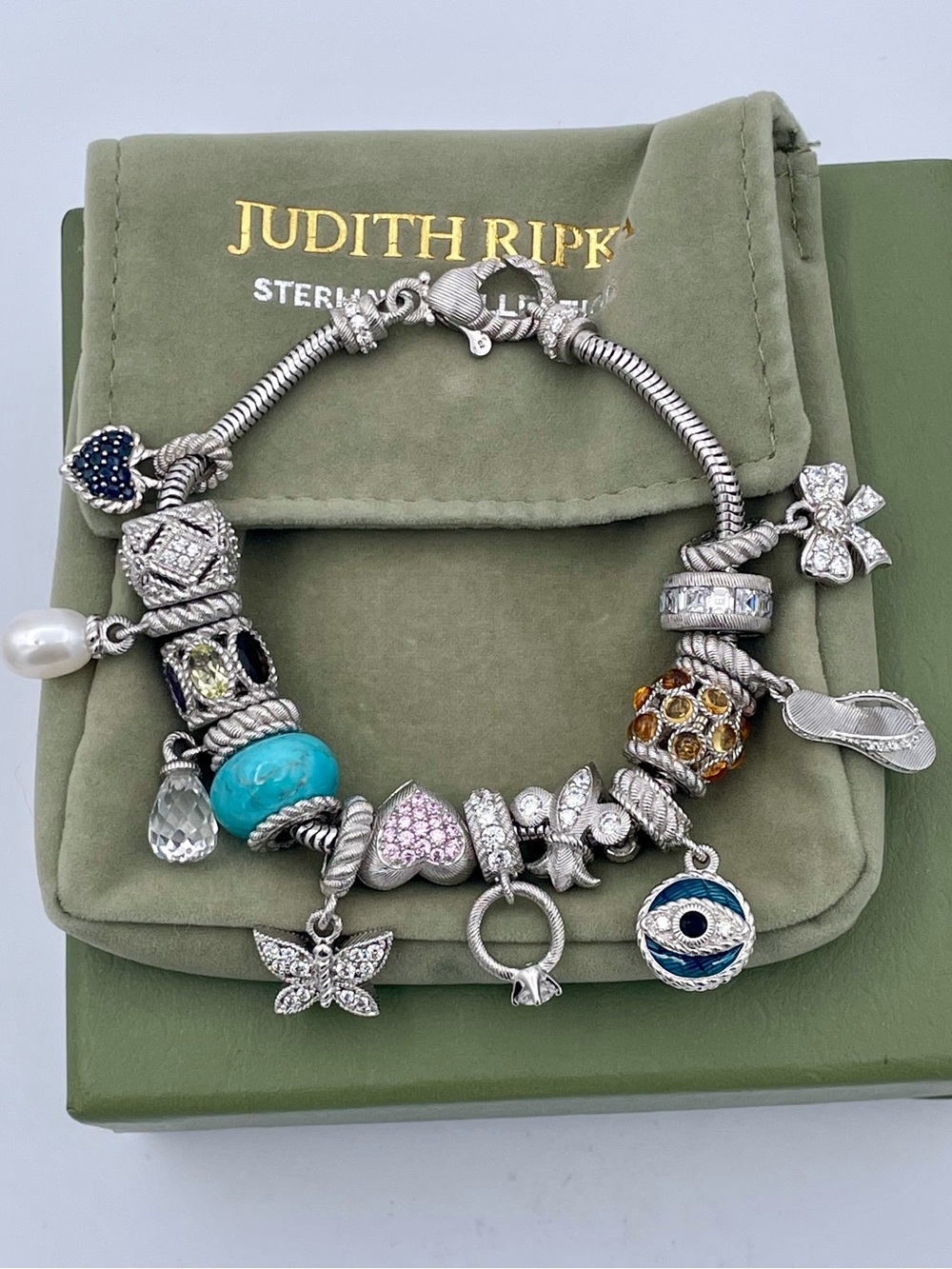 Judith Ripka 925 Sterling Silver Charm Bracelet Heavy Loaded 15 Charms 61.7g